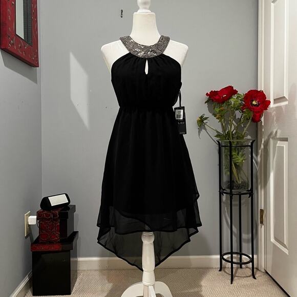 NEW Dex Grecian Beaded Keyhole Halter High Low Chiffon Date Night Dress XS NWT - Picture 1 of 16